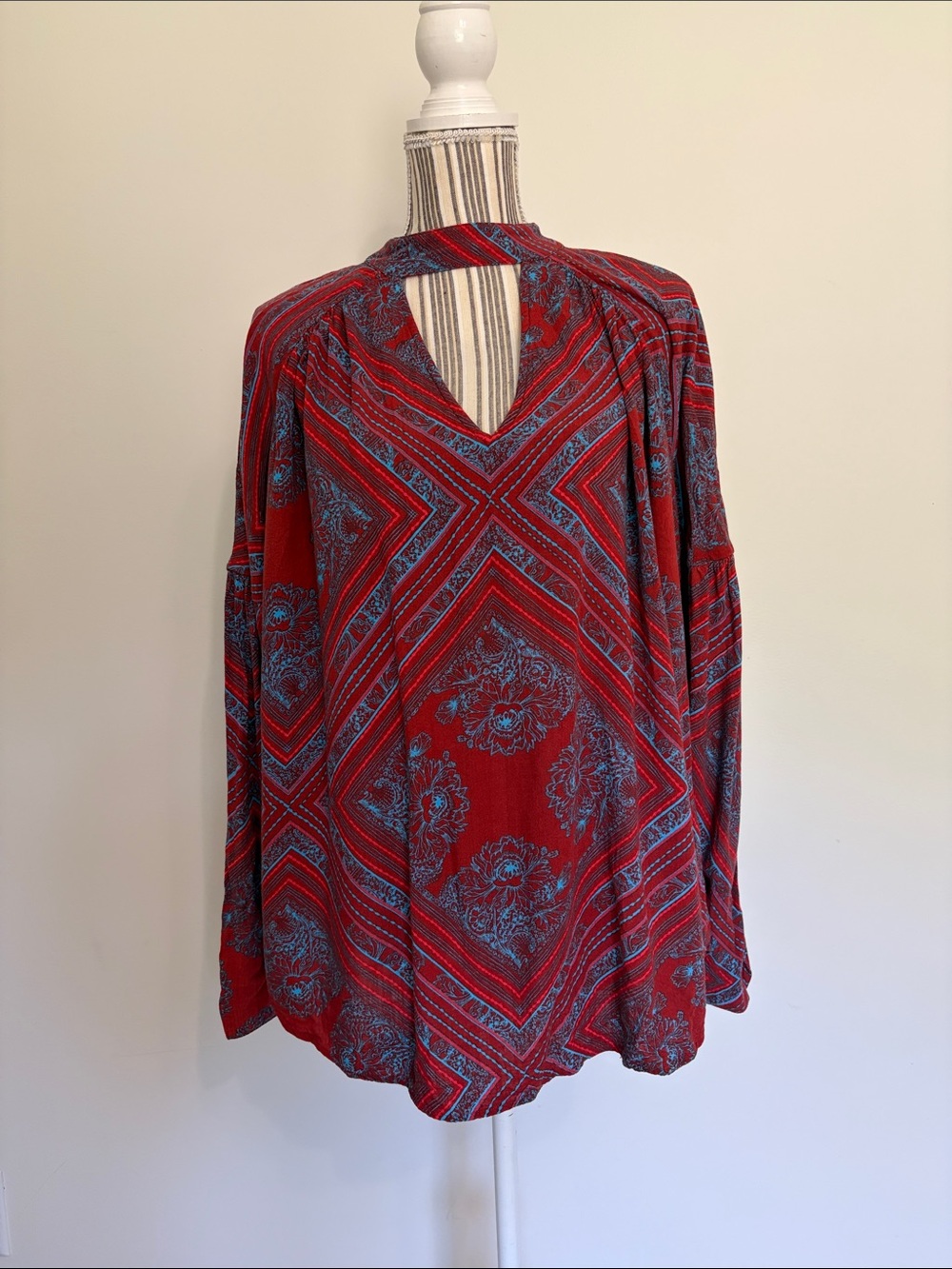 Free People Red Boho Keyhole Tunic with Blue Floral Detail